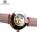 Forsining 188 Golden Skeleton Diamond Watch Design Красный ремешок из натуральной кожи Водонепроницаемые женские механические часы